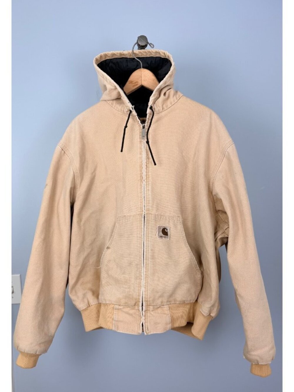 Vintage Carhartt JQ295 Beige Quilted-Lined Canvas Hooded Jacket XL USA Workwear